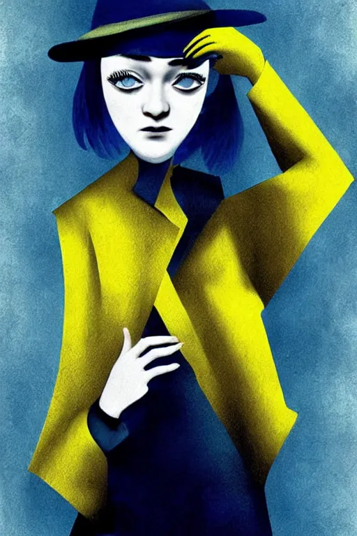 Image similar to Dakota Fanning with short blue hair wearing a yellow trenchcoat by Dave McKean