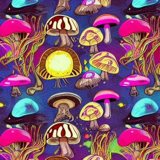 Image similar to mushrooms in the place of flying saucers, hallucinogenic, psychedelics, altered vision, groovy, modern,