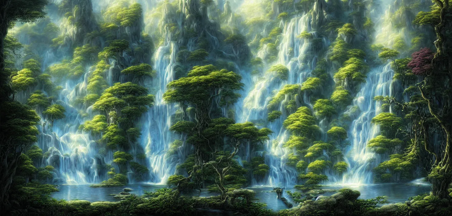 Image similar to a painting of a waterfall in a random magic forest, a detailed matte painting landscape by todd lockwood, deviantart, fantasy art, matte painting, matte drawing, airbrush art