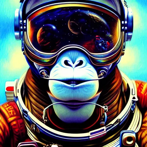 Prompt: Portrait of a space astronaut monkey, fantasy, intricate, highly detailed, digital painting, trending on artstation, sharp focus, illustration, style of Stanley Artgerm