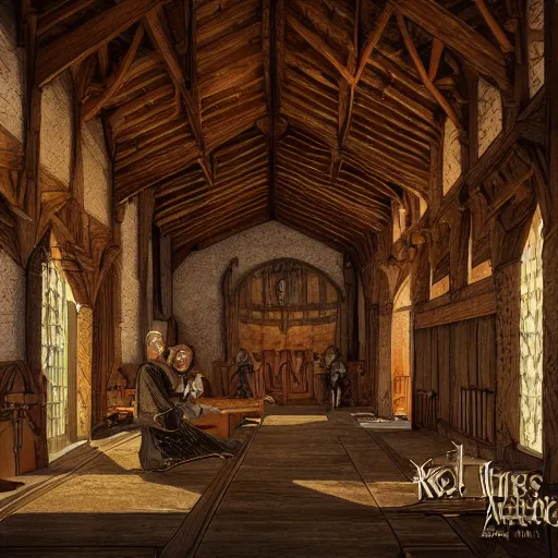 Image similar to medieval hall with king, royalty, courtisans, monks, artstation, fantasy, high details, digital art