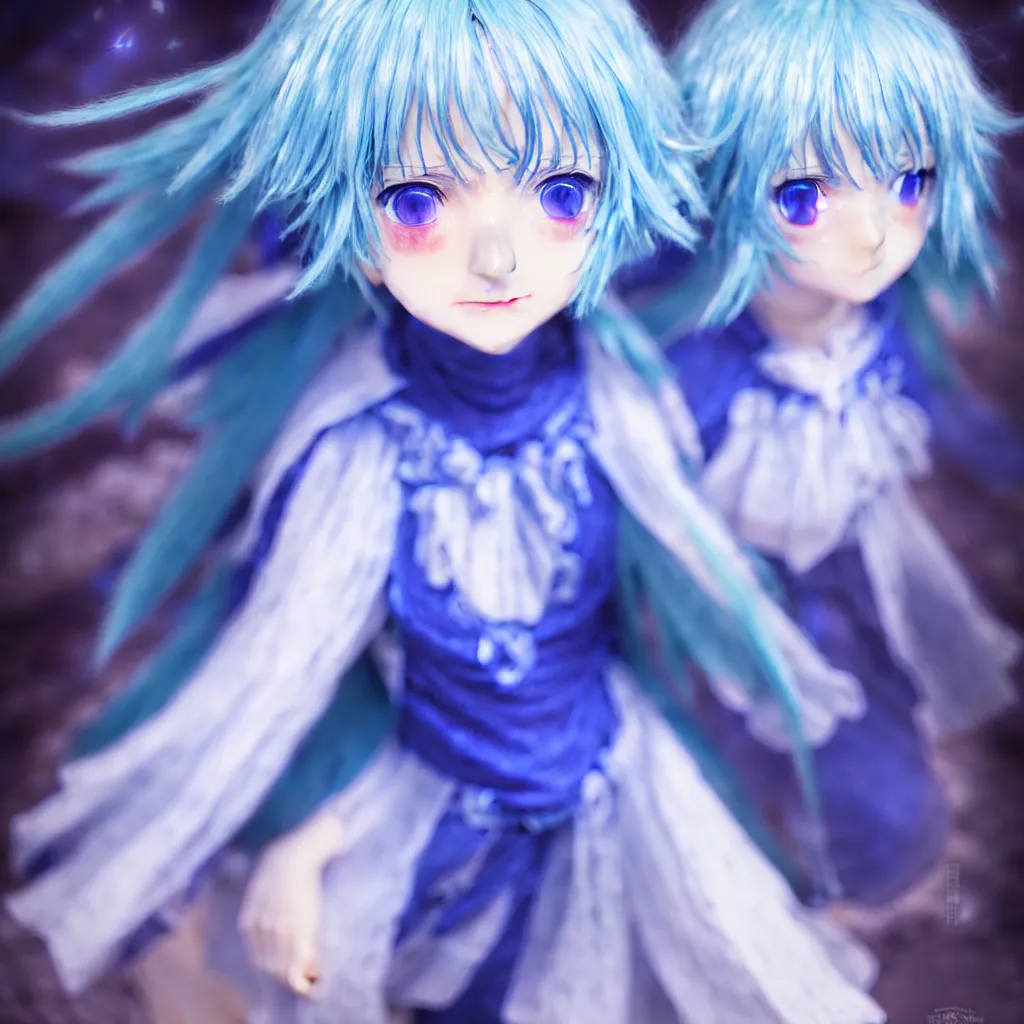 Image similar to portrait of cirno from touhou project ultra realistic, highly detailed, sharp focus, cinematic lighting, mood lighting, realistic, vivid colors, painting, photorealistic, digital art, non blurry, sharp, smooth, illustration