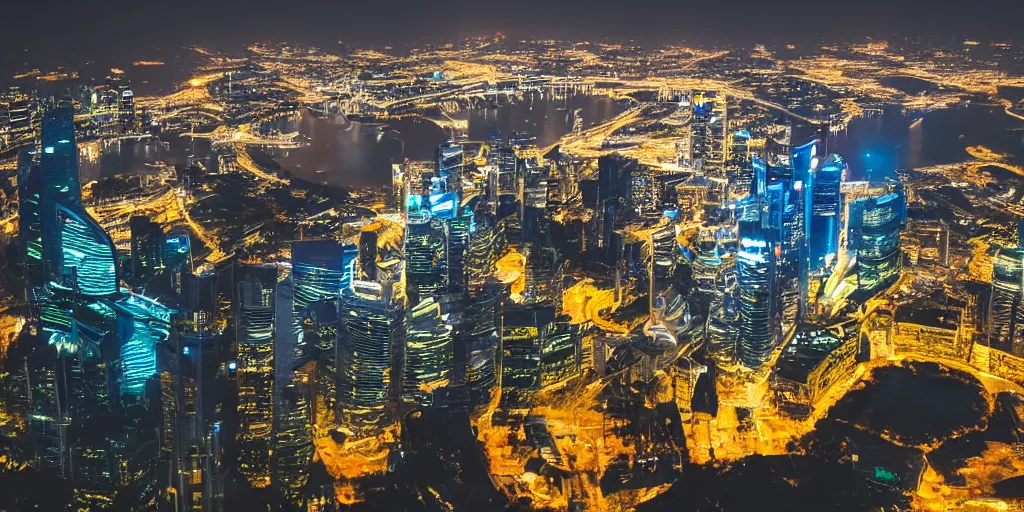 Prompt: futuristic singapour view at night from a plane, cinematic