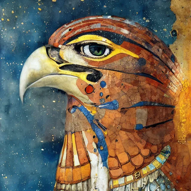 Image similar to expresionistic watercolor of Horus the falcon headed egyptian god, by Enki Bilal, by Gustav Klimt, by Greg Rutkowski, by Peter Mohrbacher, graffiti paint, vintage, splatters, scratches, trending on artstation