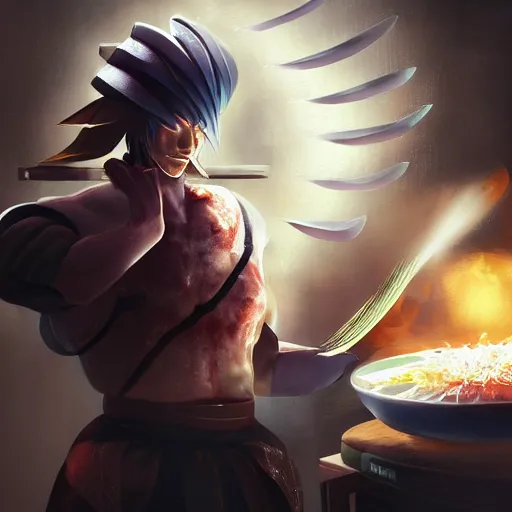 Image similar to Raiden Shogun cooking food, digital art, artstation, 4k, trending