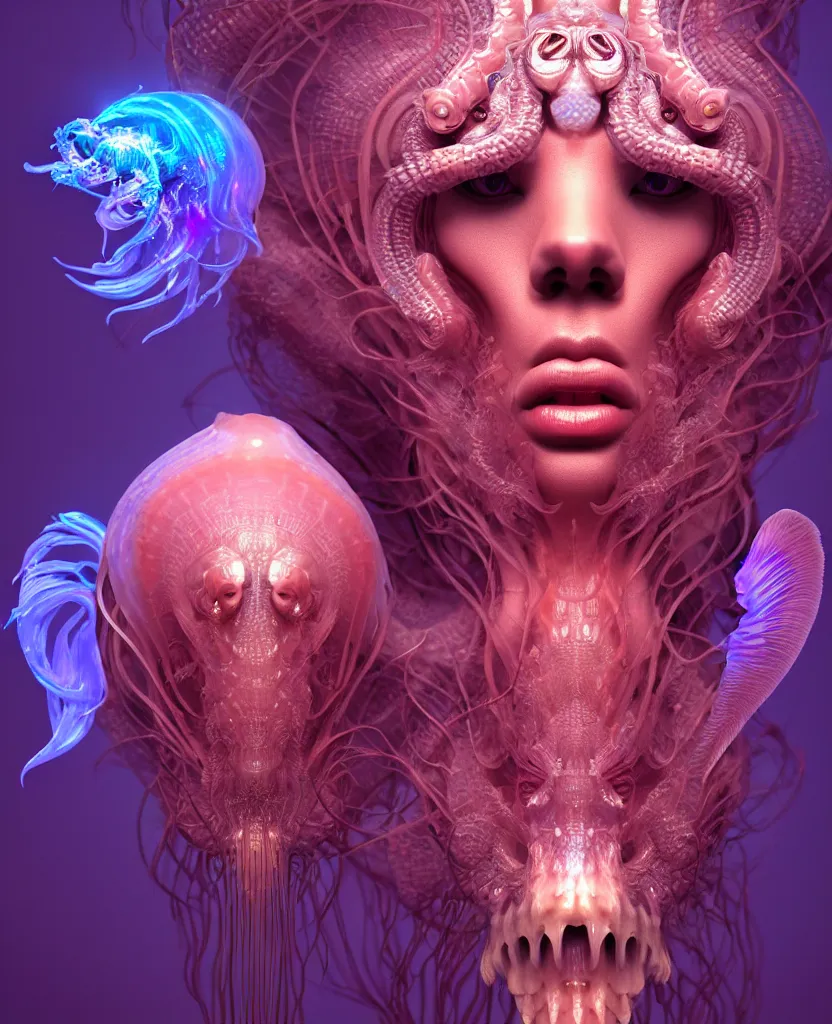 Image similar to goddess close-up face portrait. chimera orchid jellyfish phoenix head, nautilus, skull, betta fish, bioluminiscent creatures, intricate artwork by Tooth Wu and wlop and beeple. octane render, trending on artstation, greg rutkowski very coherent symmetrical artwork. cinematic, hyper realism, high detail, octane render, 8k