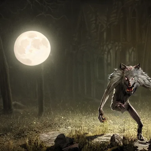 Image similar to full body of a werewolf howling, moonlit, dark, glowing background lighting, hyper detailed, horror fairy tale, 4 k octane render