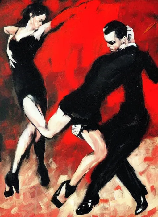 Image similar to tango dancerin in red and black dress, painting by phil hale, fransico goya,'action lines '!!!, graphic style, visible brushstrokes, motion blur, blurry, sensual, visible paint texture, crisp hd image