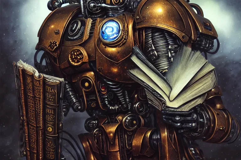 Prompt: a cyborg reading from an old book with a leather cover, fantasy, sci-fi, Warhammer 40k, intricate, elegant, dramatic lighting, highly detailed, lifelike, photorealistic, digital painting, artstation, concept art, smooth, sharp focus, illustration, art by John Blanche and Paul Dainton and Albert Aublet and Artem Demura and Alphonse Mucha