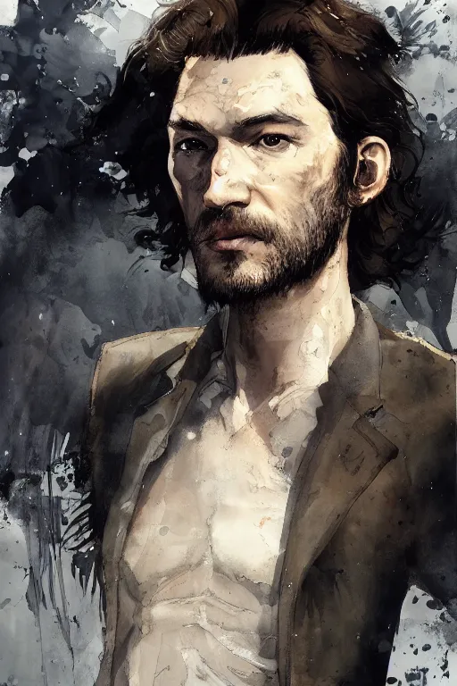 Prompt: highly detailed realism portrait of Klaus Hargreeves with wavy walnut hair, by Dustin Nguyen, Akihiko Yoshida, Greg Tocchini, Greg Rutkowski, Cliff Chiang, 4k resolution, European ink painting