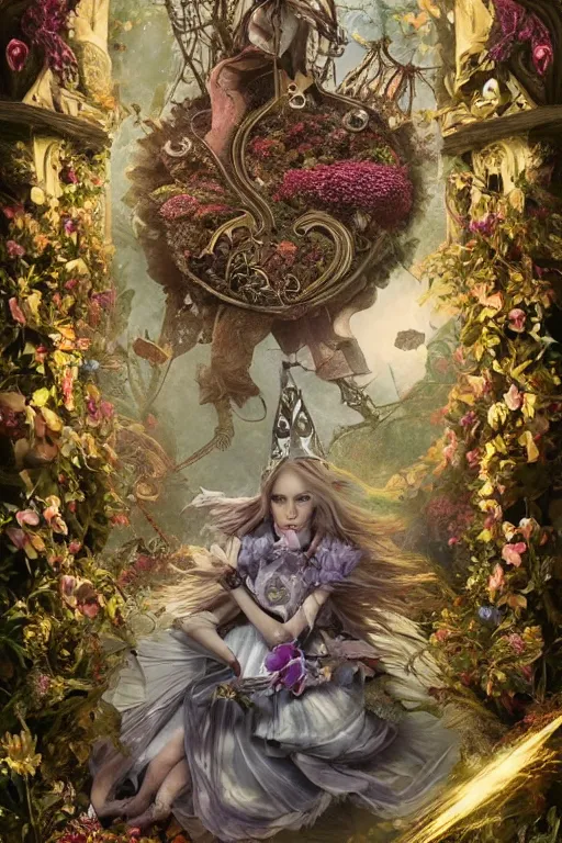 Image similar to poster of Alice in wonderland, Dark Souls 3 themed, surrounded by falling hearts and flower petals, insanely detailed and intricate, golden ratio, elegant, ornate, luxury, elite, ominous, haunting, matte painting, cinematic, cgsociety, James jean, Brian froud, ross tran, Laputa