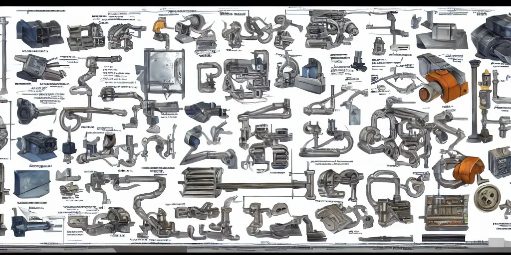 Prompt: full color page scan reference sheet of various industrial components on white background, matte painting