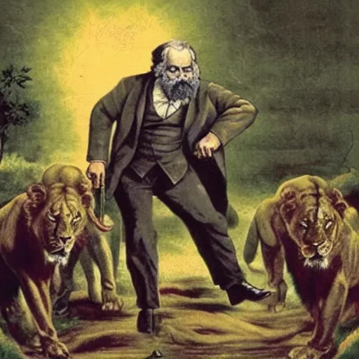 Image similar to Possessed Karl Marx stops a thousand giant lions from eating Earth