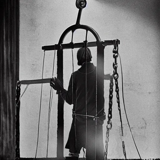 Image similar to prisoners hooked up to guillotines arranged as a spectator sport event, realistic photography, high detailed