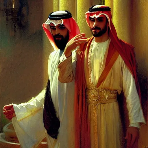 Image similar to attractive fully clothed arab king confesses his love for his attractive fully clothed male prince. highly detailed painting by gaston bussiere, craig mullins, j. c. leyendecker