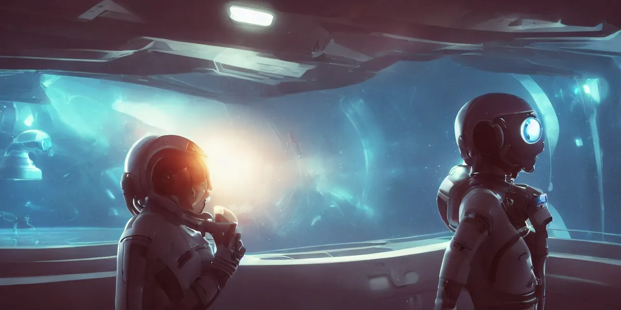 Image similar to Zoe Kravitz with short hair as a futuristic astronaut, outside large window of ship, helmet with HUD led lights, underwater in the ocean at night, dark water, volumetric lighting, glowing lights, 4k, octane, digital painting, artstation, concept art, sharp focus, illustration, cinematic film still, art by artgerm and greg rutkowski and alphonse mucha , wide angle view,