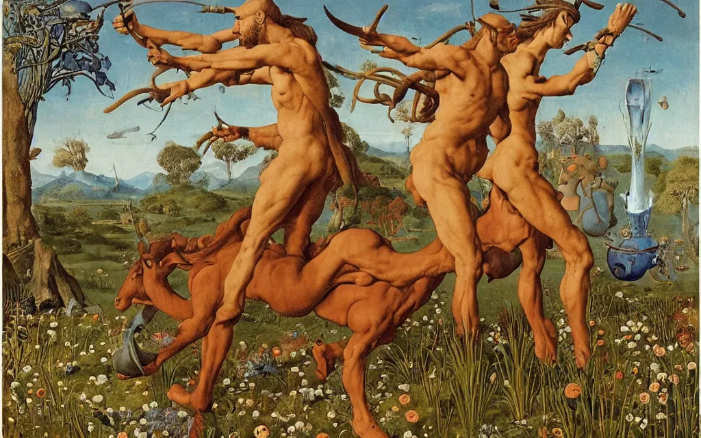 Image similar to a portrait photograph of a meditating satyr and a centaur monk riding a rocket machine and hunting at a river delta. surrounded by bulbous flowers and trees. mountain range under a blue sky of fiery stars. by jan van eyck, max ernst, ernst haeckel, ernst fuchs and artgerm, cgsociety, fashion editorial, 8 k