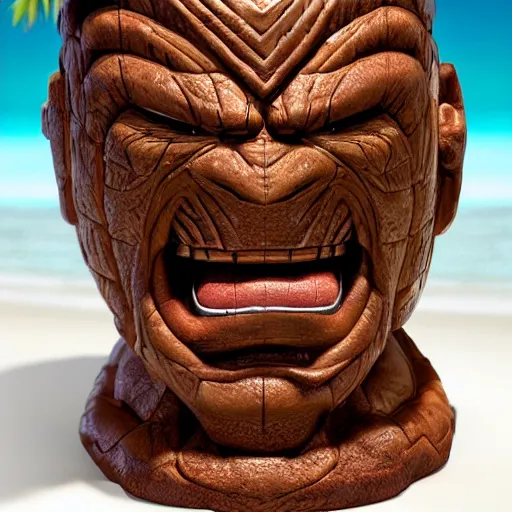 Image similar to a closeup photorealistic photograph of ben grimm's face on a tiki mug at trader vic's beach bar. fantastic four. tiki culture. bright scene. fine detail. this 4 k hd image is trending on artstation, featured on behance, well - rendered, extra crisp, features intricate detail, epic composition and the style of unreal engine.