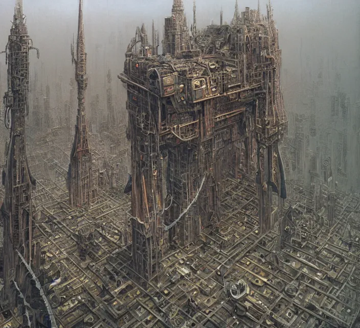 Prompt: gigantic mechanic megastructure tower in center, gothic, warhammer, steampunk, highly detailed, artstation, art by zdislav beksinski and wayne barlowe