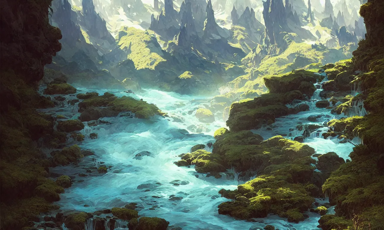 Image similar to Mountain river flows through a fantasy landscape gorge. A big blue lake in the middle of the mountains. Fabulous nature, amazing seascape, highly detailed, digital painting, artstation, concept art, smooth, sharp focus, illustration, art by greg rutkowski and alphonse mucha