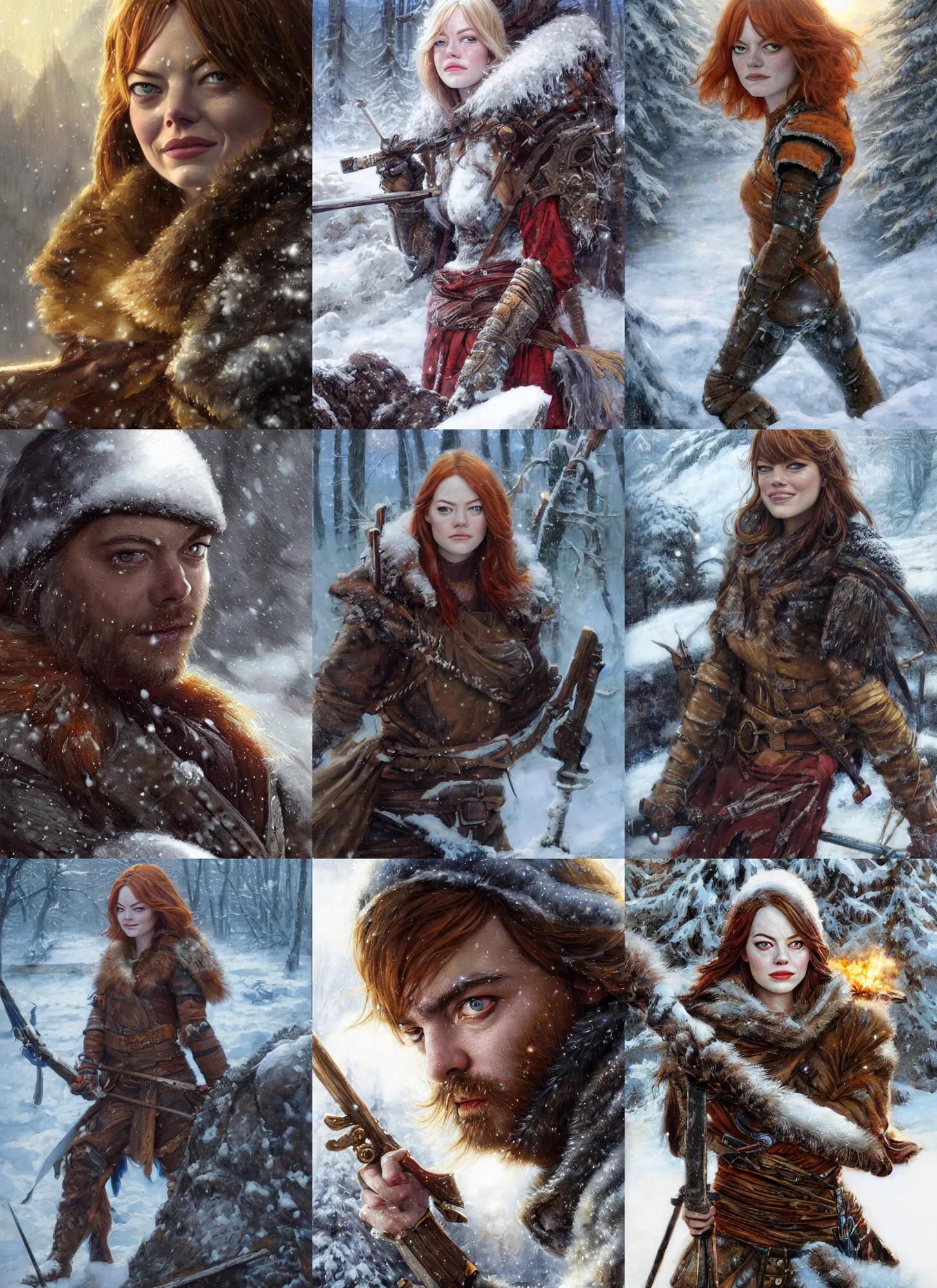 Prompt: close-up face portrait of Emma Stone as a muscled warrior setting up camp in warm clothes, snowy winter scene, Donato Giancola, Mark Brooks, Ralph Horsley, Charlie Bowater, Artgerm, Christopher Balaskas, Bastien Lecouffe-Deharme, Boris Vallejo