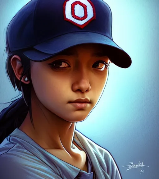 Image similar to symmetry ( clementine from the walking dead wearing her iconic baseball ( letter d ) hat portrait ) ultra detailed, intricate, anime, dynamic lighting, digital art, digital painting, art station, wlop, sharp focus, illustration, art by artgerm and greg rutkowski and alphonse mucha