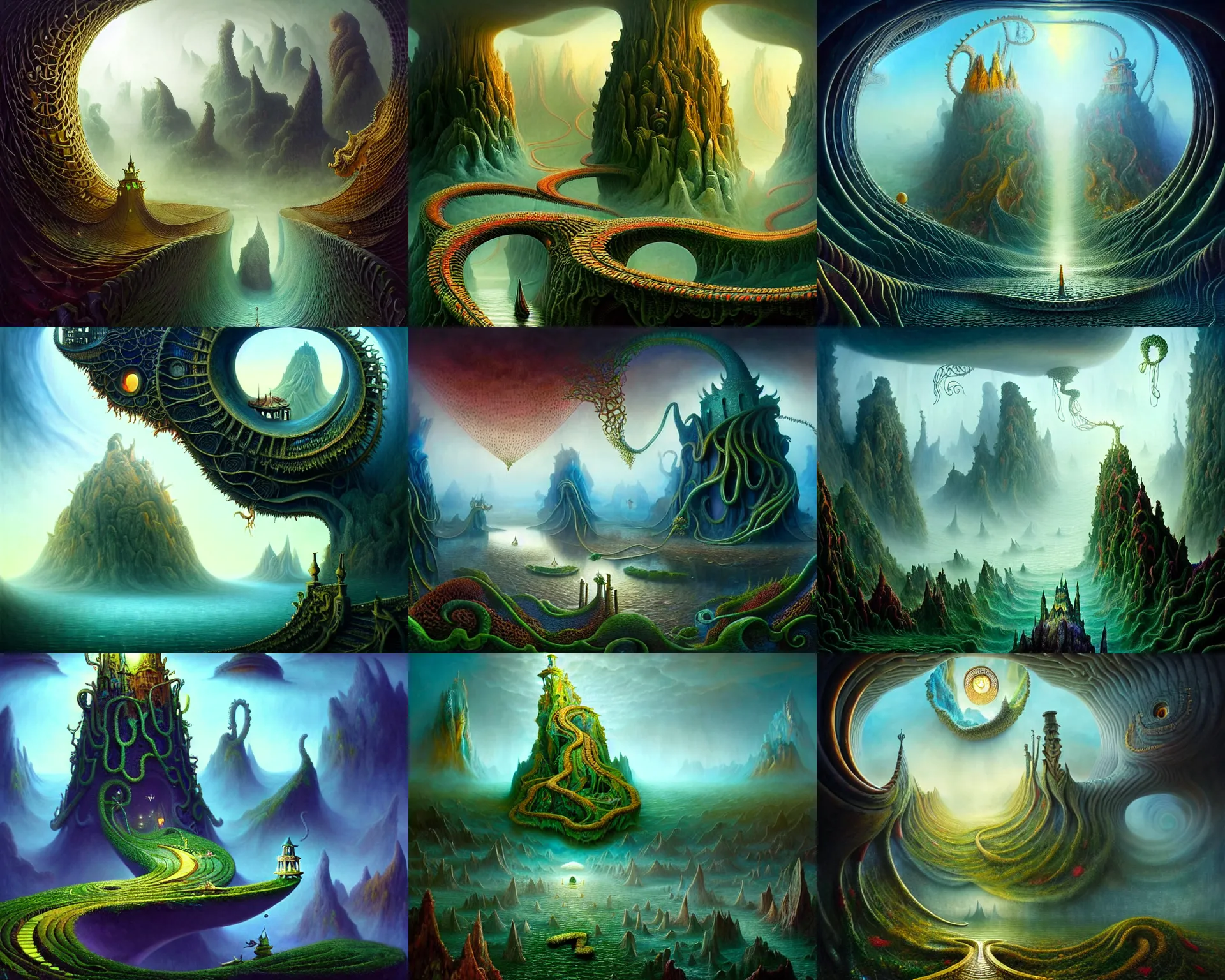 Prompt: a beguiling epic stunning beautiful and insanely detailed matte painting of the impossible winding path into lovecraftian dream worlds with surreal architecture designed by Heironymous Bosch, mega structures inspired by Heironymous Bosch's Garden of Earthly Delights, vast surreal landscape and horizon by Sichen Wang and Cyril Rolando and Tyler Edlin, masterpiece!!!, masterpiece!!!, grand!, imaginative!!!, whimsical!! intricate details, sense of awe, elite, wonder, insanely complex, masterful composition!!!, sharp focus, protagonist in foreground, fantasy realism, dramatic lighting, trending on art station, artstation, award winning, award-winning