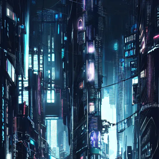 Image similar to Fully dark cyberpunk city with one building in the middle with only one window shining in style of Tsutomu Nihei. ArtStation, Cyberpunk, Vertical Symmetry, 8K, Highly Detailed, Intricate, Album Art.