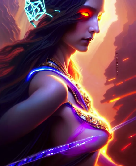 Image similar to a whirlwind of souls rushing inside the metaverse, half body, glowin eyes, tiara with sapphire, pharaoh, android, cyberpunk, d & d, fantasy, intricate, elegant, highly detailed, colorful, vivid color, digital painting, artstation, concept art, art by artgerm and greg rutkowski and alphonse mucha and ruan jia