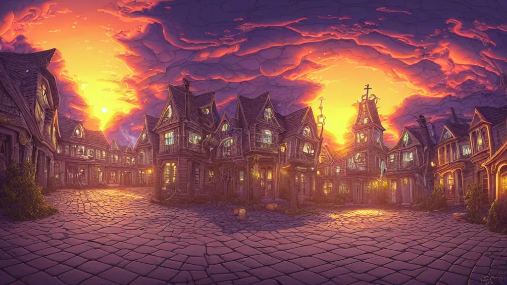 Image similar to empty lovecraftian town square surrounded by houses and inns at sunset. statue. lovecraftian city at sunset by cyril rolando and naomi okubo and dan mumford and ricardo bofill. lovecraft. cobbled streets. lovecraftian. sunset swirly sky.