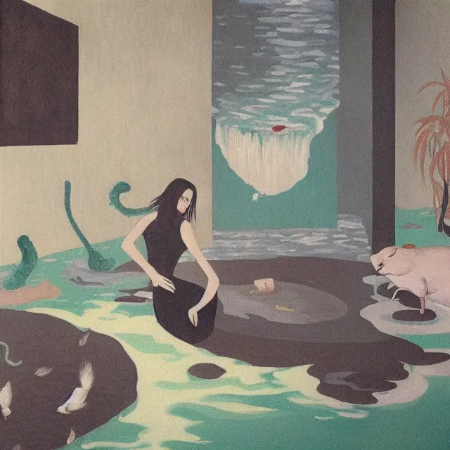 Image similar to tall female emo artist in her flooded apartment, water gushing from ceiling, painting of flood waters inside an artist's home, a river flooding indoors, pomegranates, pigs, ikebana, zen, water, octopus, river, rapids, waterfall, black swans, canoe, berries, acrylic on canvas, surrealist, by magritte and monet