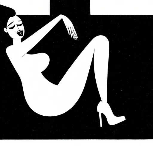 Image similar to book illustration of huge and hungry monster with women's legs wearing high heels, book illustration, monochromatic, white background, black and white image