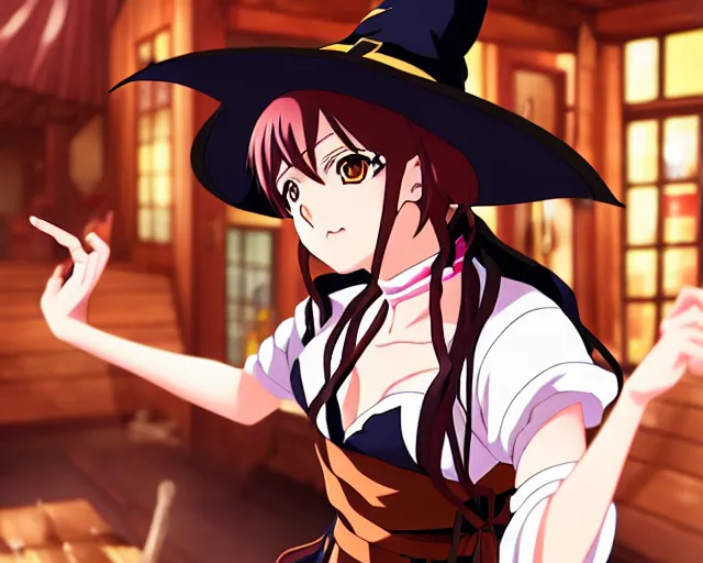 Image similar to key anime visual portrait of a young female witch in a tavern interior defending a companion, dynamic pose, dynamic perspective, cinematic, dramatic lighting.