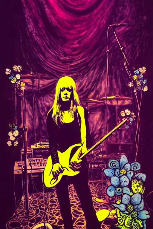 Prompt: the velvet underground and nico playing live on stage at a night club, beautiful stage decoration with flowers in the background, painting by bill watterson, very detailed and colorful and toned down and ornamental and moody and cool and relaxed and high on drugs, trending on artstation, behance contest winner