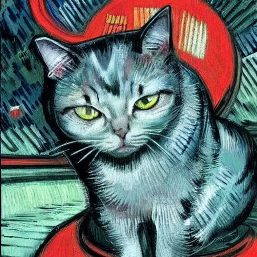 Prompt: cat with red eyes in a cyberpunk city, highly detailed, art by van gogh