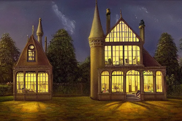 Prompt: a beautiful painting of a victorian house with bay windows, a tower and a greenhouse at night, very detailed by samuel and joseph newsom, harry potter