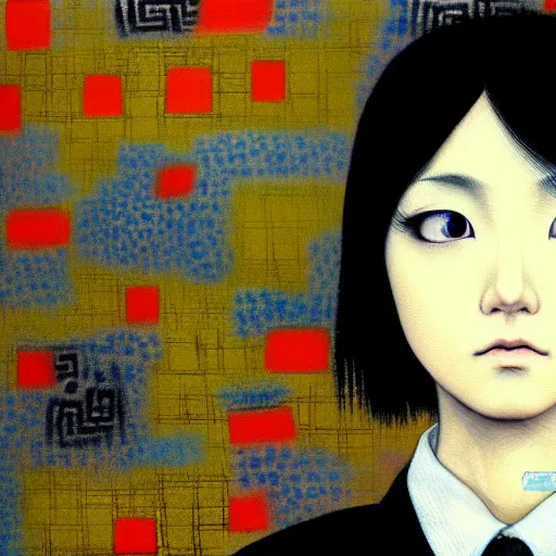 Image similar to yoshitaka amano blurred and dreamy realistic three quarter angle portrait of a young woman with short hair and black eyes wearing office suit with tie, junji ito abstract patterns in the background, satoshi kon anime, noisy film grain effect, highly detailed, renaissance oil painting, weird portrait angle, blurred lost edges