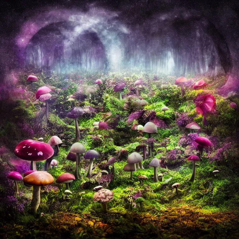 Image similar to a planet of various fungus, mushrooms, flowers and plants, inside the picture is infinity, Atmospheric, artistic photography, conceptual, long exposure outside the city, volumetric light