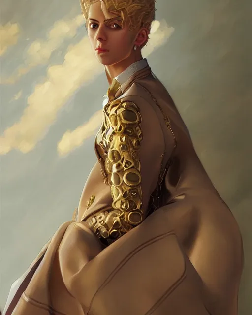 Image similar to Giorno Giovanna, oil on canvas, artstation, by J. C. Leyendecker and Edmund Blair Leighton and Charlie Bowater, octane