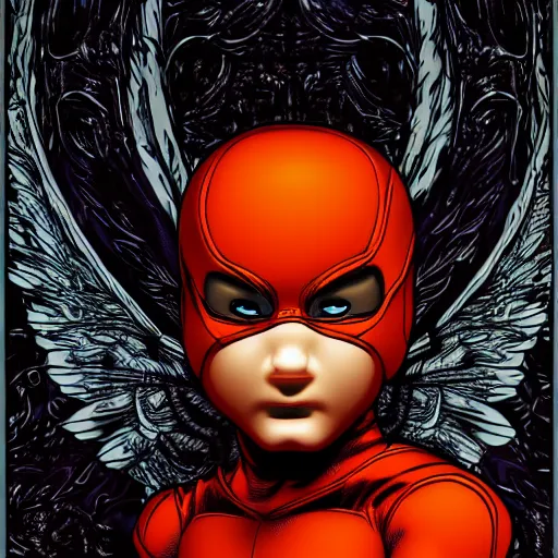 Prompt: A Cherub angel wearing an orange balaclava, marvel comics, dark, intricate, highly detailed, smooth, artstation, digital illustration by Mark Bagley -9