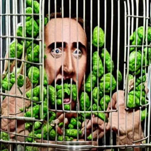 Image similar to nicolas cage trapped in a wicker cage upset with a mouth full of peas