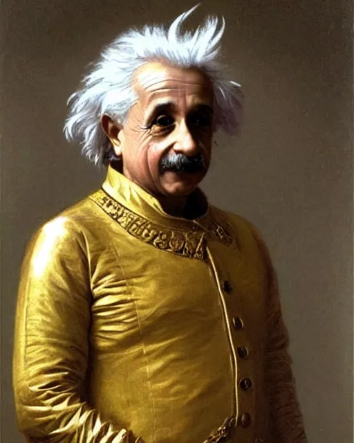 Image similar to brilliant albert einstein, dressed in ornate, detailed, intricate golden armor, surrounded by mathematical equations, detailed oil painting by william adolphe bouguereau