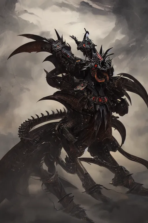 Image similar to A painting of a mechanical dragon samurai in black japanese armor, full body, Concept Art, ultra detailed, octane render, 8k, wide angle