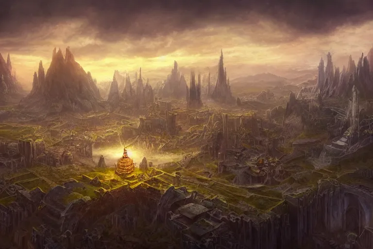 Image similar to high aerial shot, fantasy landscape, sunset lighting ominous shadows, cinematic fantasy painting, dungeons and dragons, a port city with an elvish fortress inspired by the syndey opera house by jessica rossier and brian froud and hr giger