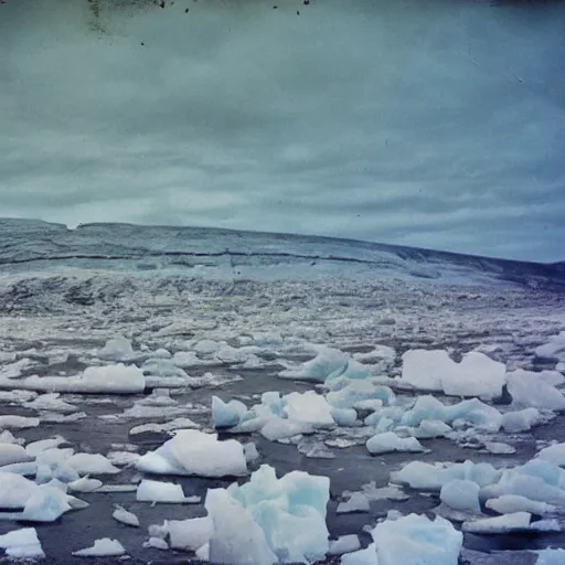 Image similar to colored vintage horrific photo of an ice floe meeting magma in the middle, textured, skewed perspective, last photo ever taken, apocalyptic event