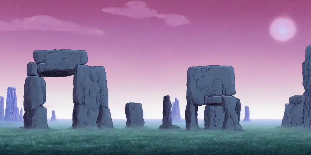 Image similar to a realistic cell - shaded studio ghibli concept art from paprika ( 2 0 0 6 ) of a giant mammoth and a grey warrior in a flooded monument valley stonehenge on a misty starry night. very dull colors, wide shot, hd, 4 k, hq