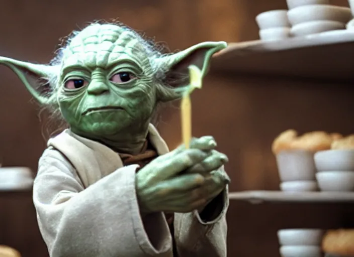 Image similar to film still of yoda working as a pastry chef in the new Star Wars movie, 4k