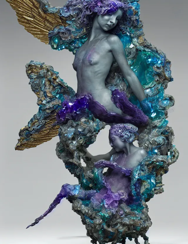 Image similar to a sculpture of a winged child made from blue and emerald and amethyst crystal geode formations with floawing marble water with obsidian base with liquid gold tendrils flowing by ellen jewett by stanisław szukalski, octane render, byzantine, spirals, elestial crystals, geode,