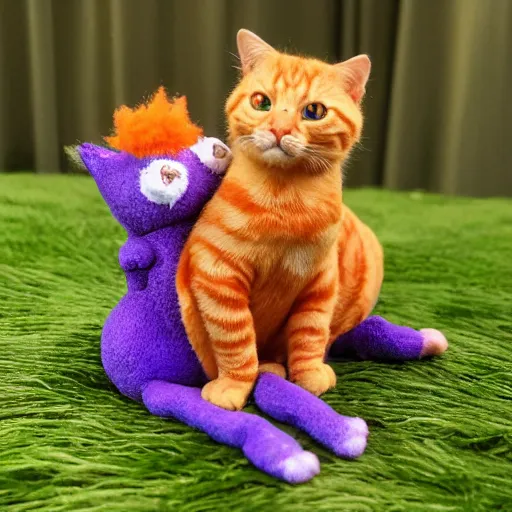 Image similar to tiny purple dragon snuggling orange tabby cat, orange tabby hugging tiny purple dragon