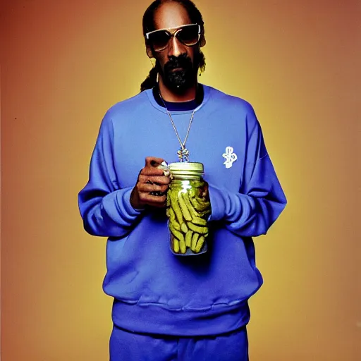 Image similar to Snoop Dogg holding a Jar of pickles for a 1990s sitcom tv show, Studio Photograph, portrait, C 12.0